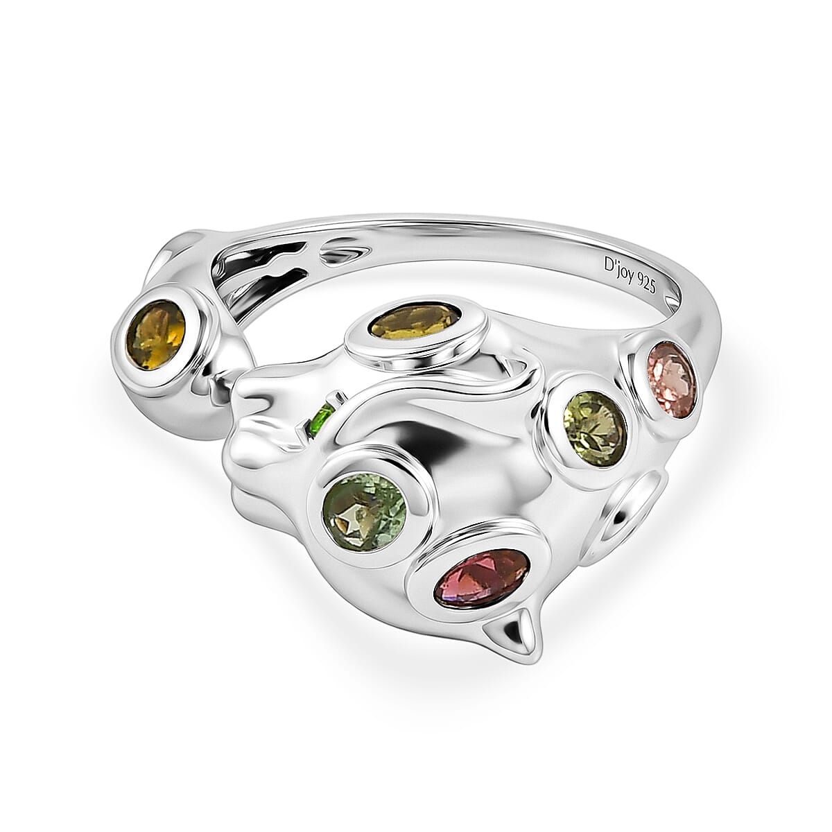 D'Joy - Multi-Tourmaline & Natural Chrome Diopside Living Creature Ring in Rhodium Overlay Sterling Silver 1.70 Ct.