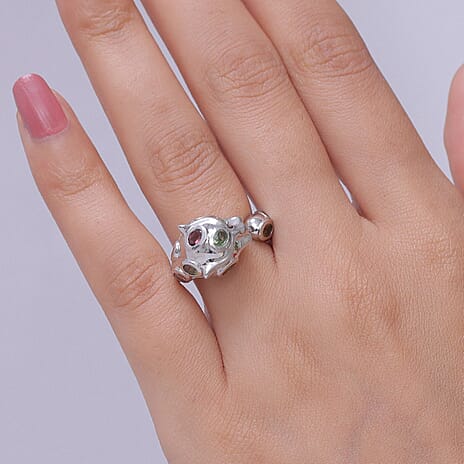 D'Joy - Multi-Tourmaline & Natural Chrome Diopside Panther Ring in Rhodium Overlay Sterling Silver 1.70 Ct.