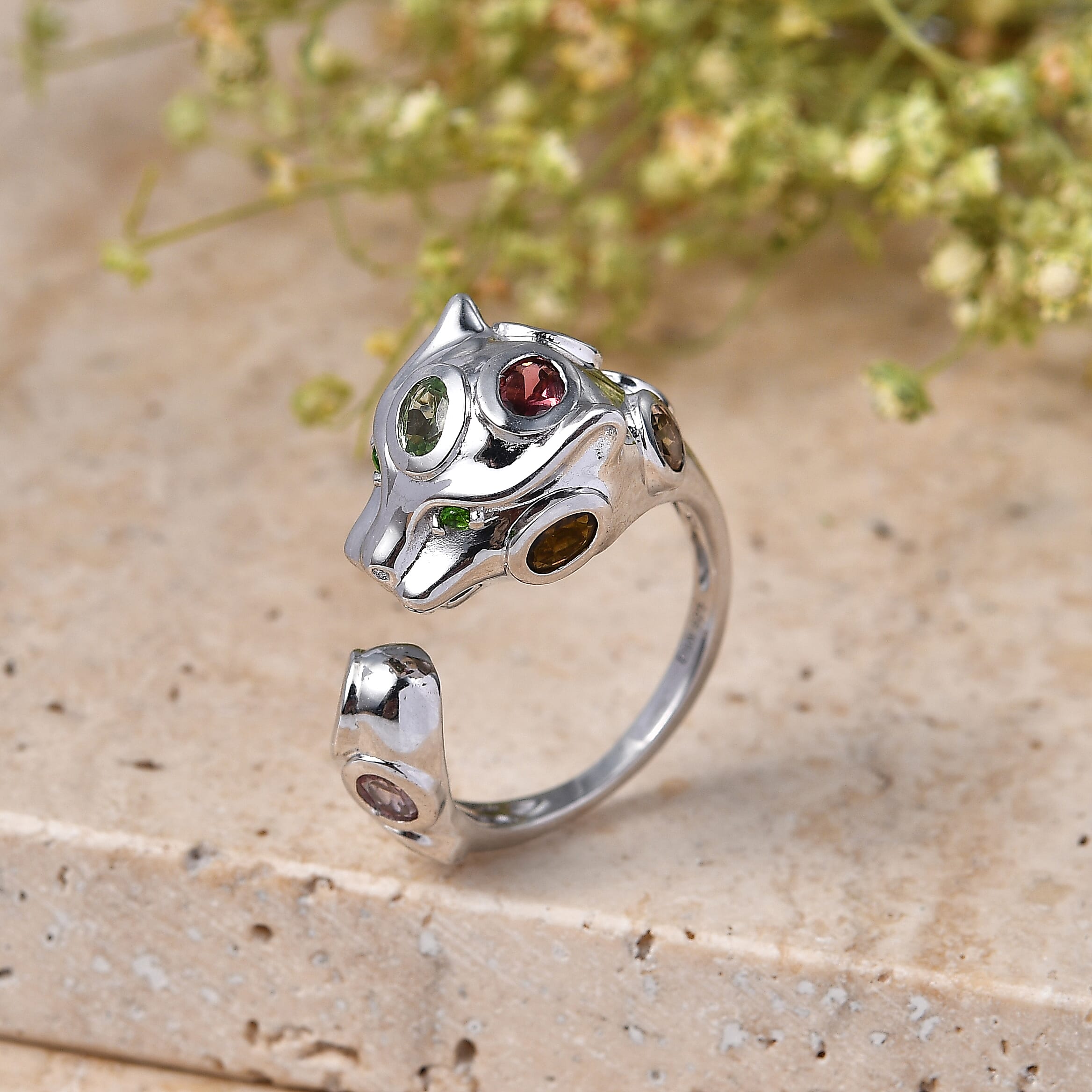 D'Joy - Multi-Tourmaline & Natural Chrome Diopside Living Creature Ring in Rhodium Overlay Sterling Silver 1.70 Ct.