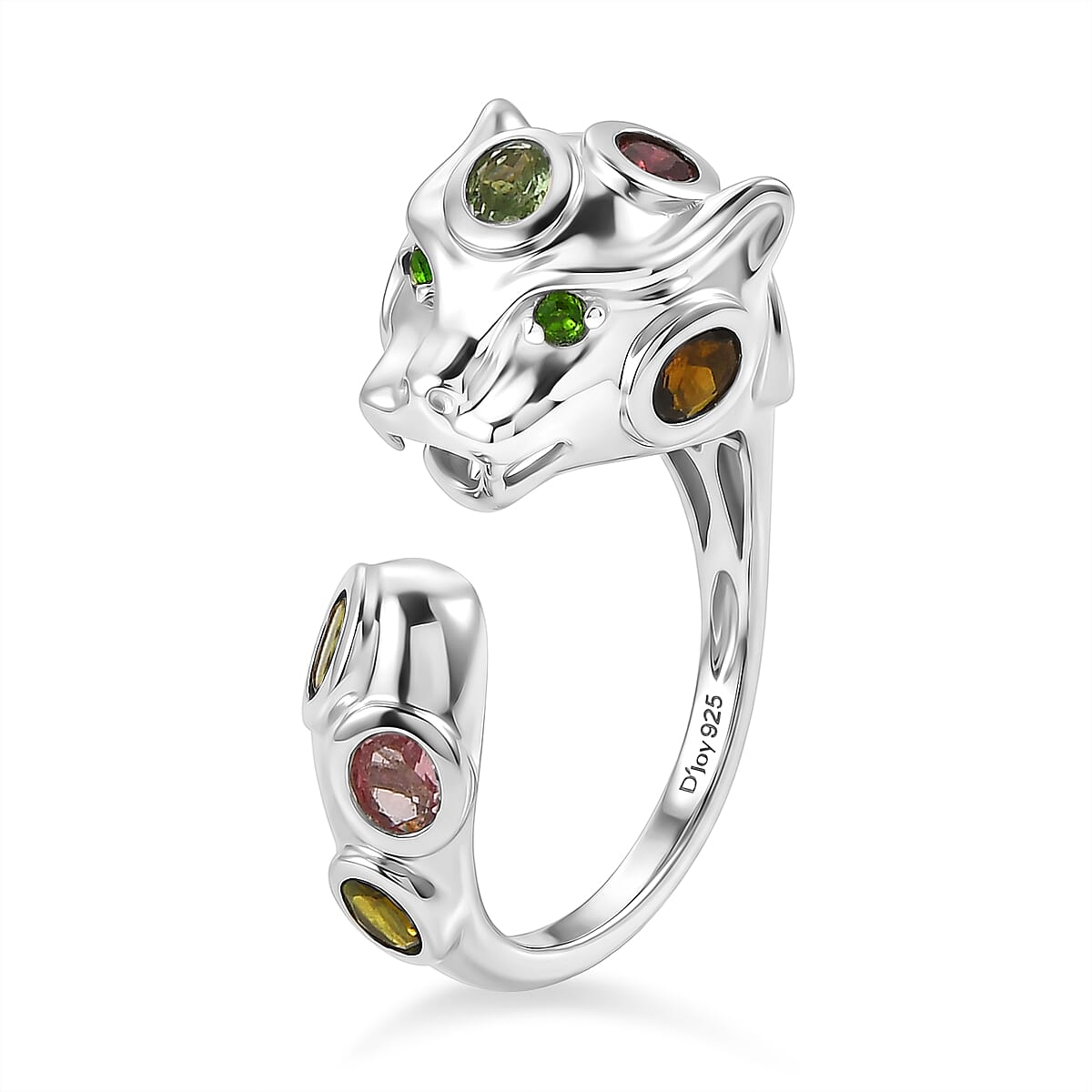 D'Joy - Multi-Tourmaline & Natural Chrome Diopside Living Creature Ring in Rhodium Overlay Sterling Silver 1.70 Ct.