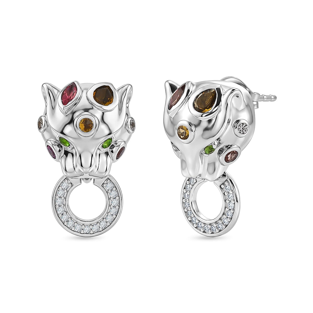 D'Joy - Multi-Tourmaline, Natural Chrome Diopside & White Zircon Living Creature Earring with Push Post in Rhodium Overlay Sterling Silver 1.20 Ct.