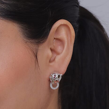 D'Joy - Multi-Tourmaline, Natural Chrome Diopside & White Zircon Panther Earring with Push Post in Rhodium Overlay Sterling Silver 1.20 Ct.