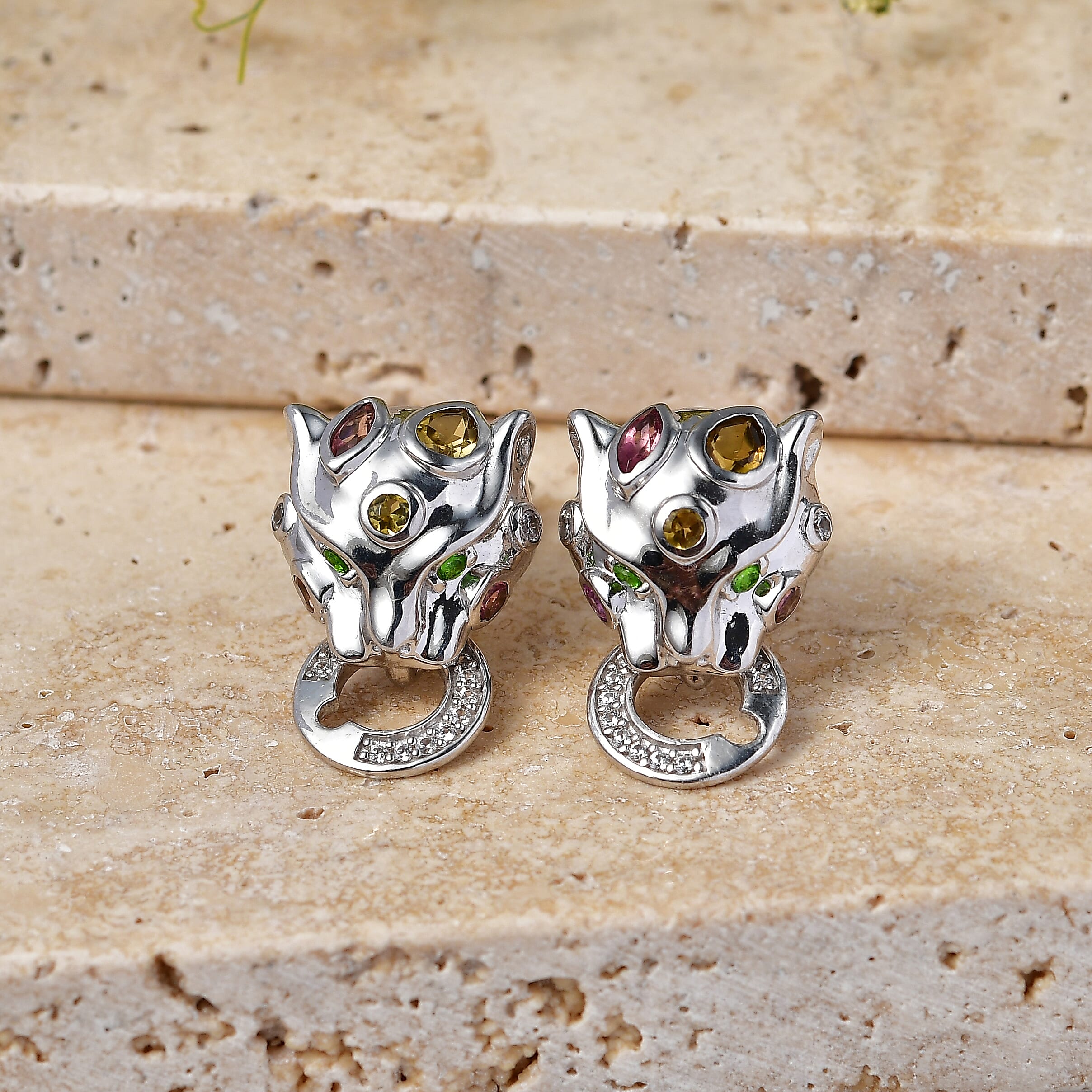 D'Joy - Multi-Tourmaline, Natural Chrome Diopside & White Zircon Living Creature Earring with Push Post in Rhodium Overlay Sterling Silver 1.20 Ct.