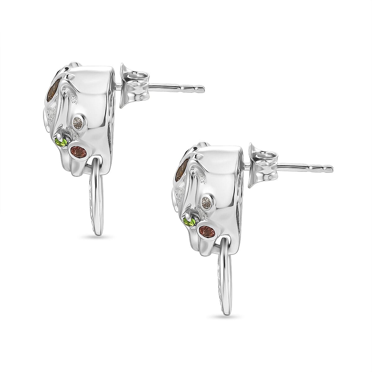 D'Joy - Multi-Tourmaline, Natural Chrome Diopside & White Zircon Living Creature Earring with Push Post in Rhodium Overlay Sterling Silver 1.20 Ct.