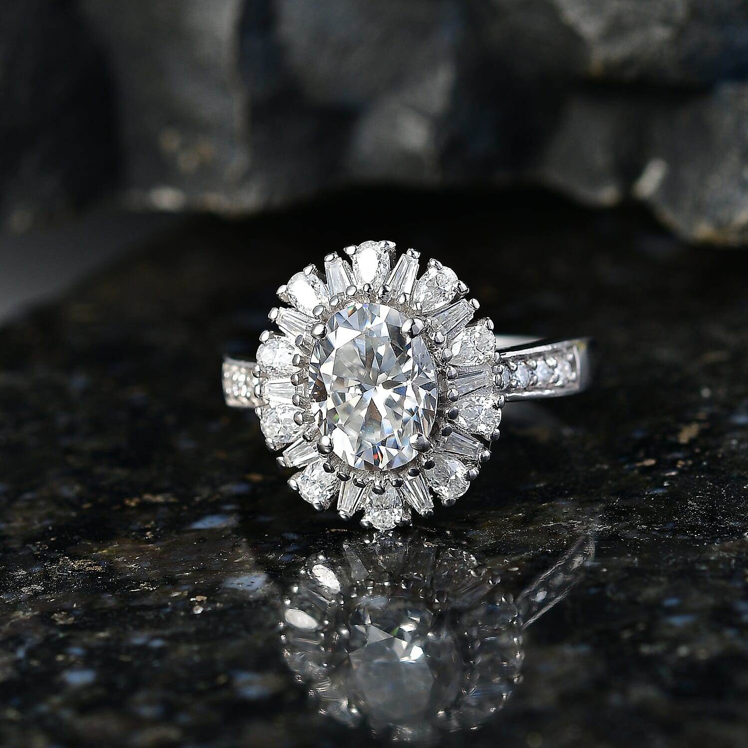 D'Joy - Moissanite Halo Ring in Rhodium Overlay Sterling Silver 2.81 Ct.