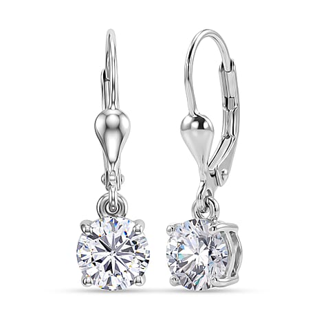 D'Joy - Moissanite Solitaire Drop Earring with Lever Back in Platinum Overlay Sterling Silver 1.60 Ct
