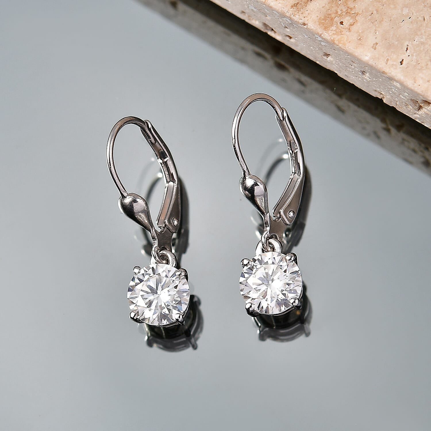 D'Joy - Moissanite Solitaire Drop Earring with Lever Back in Platinum Overlay Sterling Silver 1.60 Ct