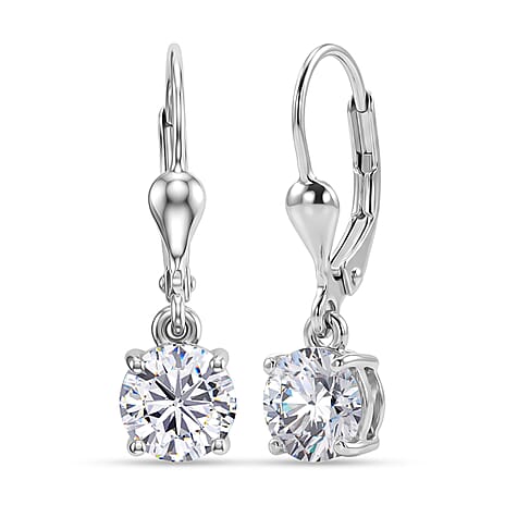 D'Joy - Moissanite Solitaire Drop Earring with Lever Back in Platinum Overlay Sterling Silver 1.60 Ct