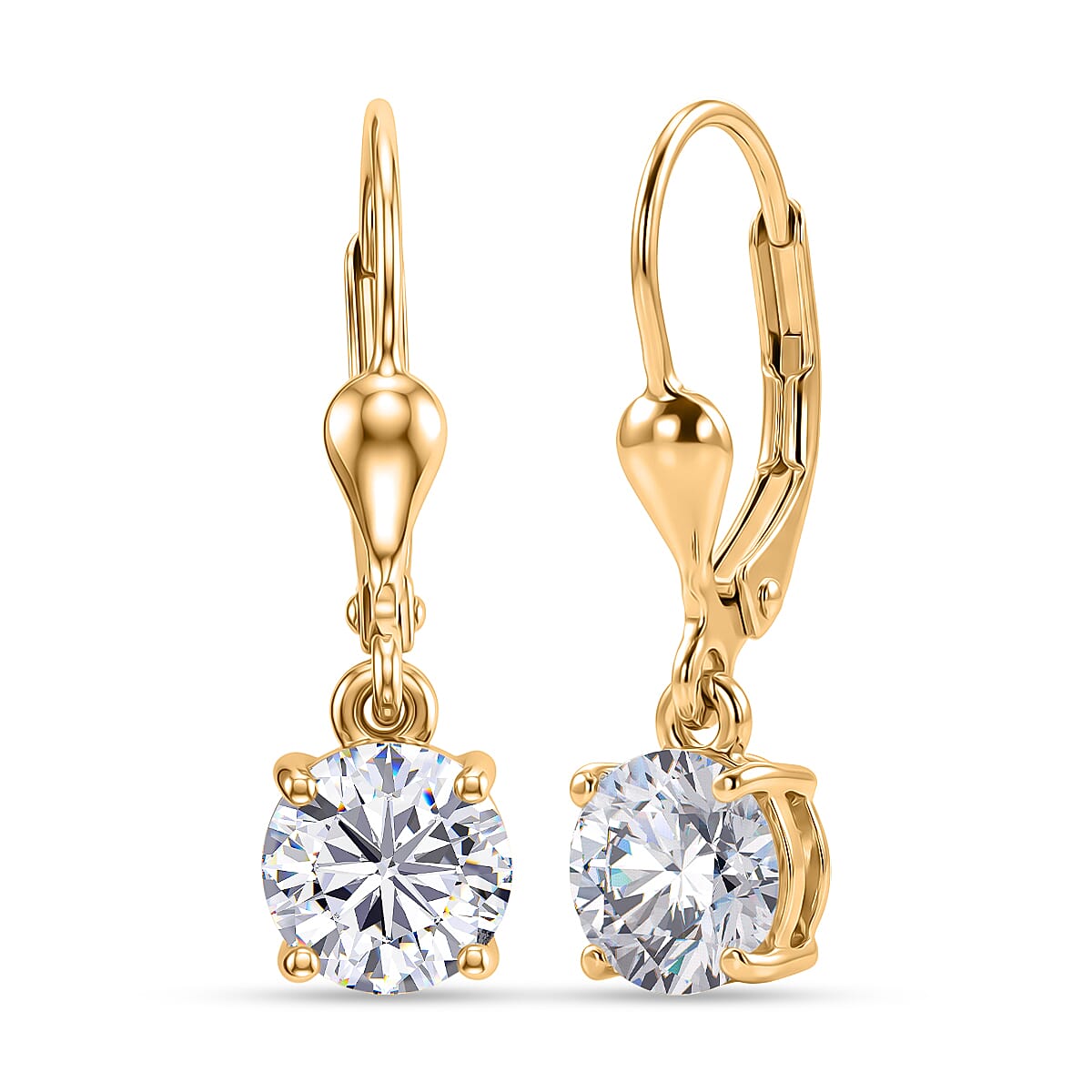 D'Joy - Moissanite Solitaire Drop Earring with Lever Back in Yellow Gold Plated Sterling Silver 2.36 Ct.