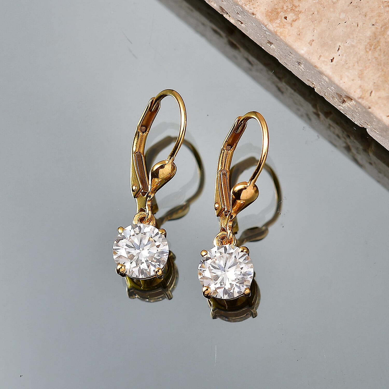 D'Joy - Moissanite Solitaire Drop Earring with Lever Back in Yellow Gold Plated Sterling Silver 2.36 Ct.