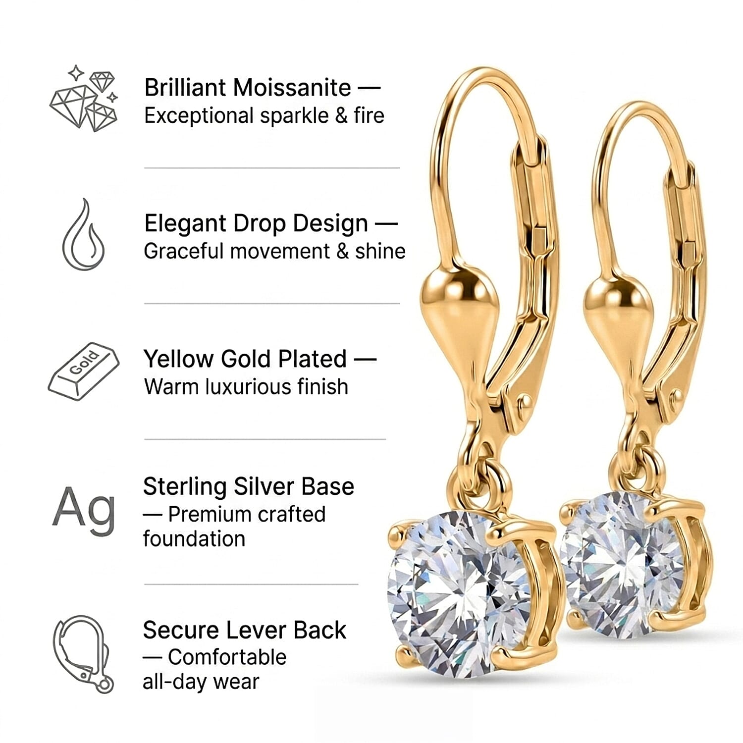 D'Joy - Moissanite Solitaire Drop Earring with Lever Back in Yellow Gold Plated Sterling Silver 2.36 Ct.