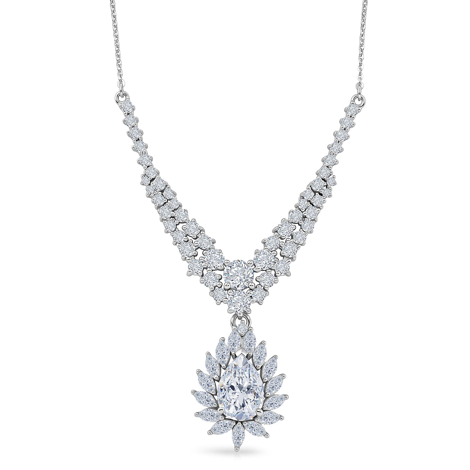 D'Joy - Moissanite Cluster Halo Necklace (Size - 20) with Lobster Clasp in Rhodium Overlay Sterling Silver 4.76 Ct.