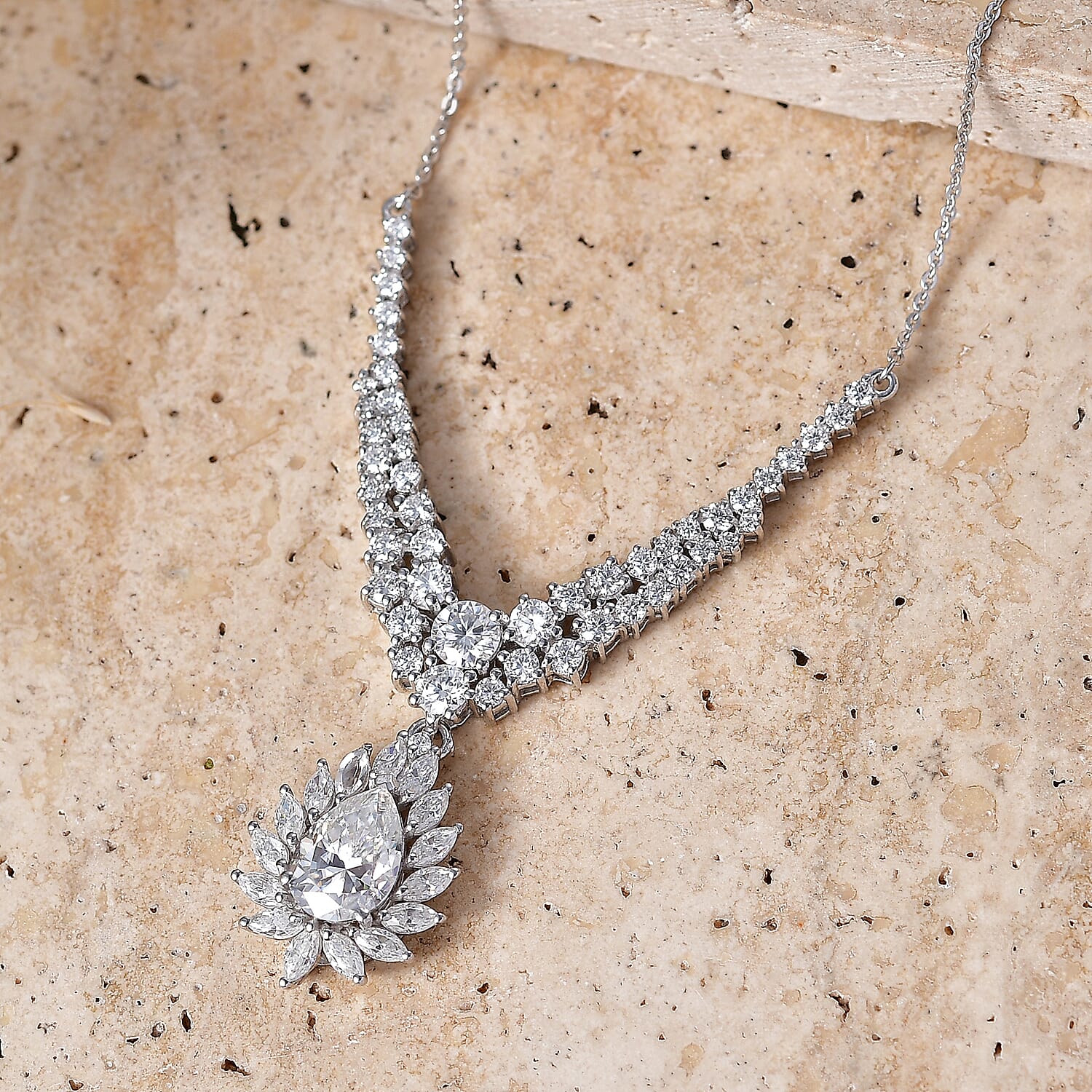 D'Joy - Moissanite Cluster Halo Necklace (Size - 20) with Lobster Clasp in Rhodium Overlay Sterling Silver 4.76 Ct.