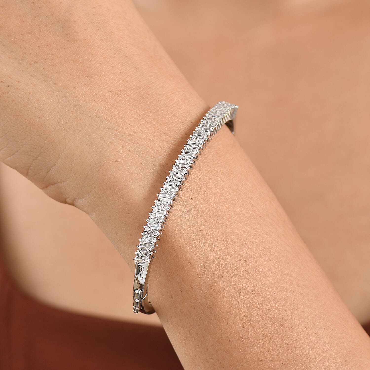 D'Joy - Moissanite Full Bangle (Size - 7.5) in Rhodium Overlay Sterling Silver 2.20 Ct, Silver Wt. 16.70 Gms