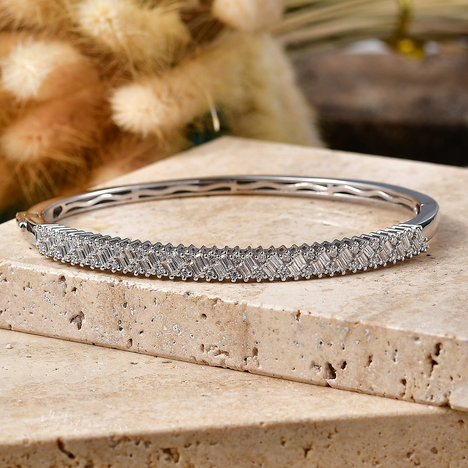 D'Joy - Moissanite Full Bangle (Size - 7.5) in Rhodium Overlay Sterling Silver 2.20 Ct, Silver Wt. 16.70 Gms