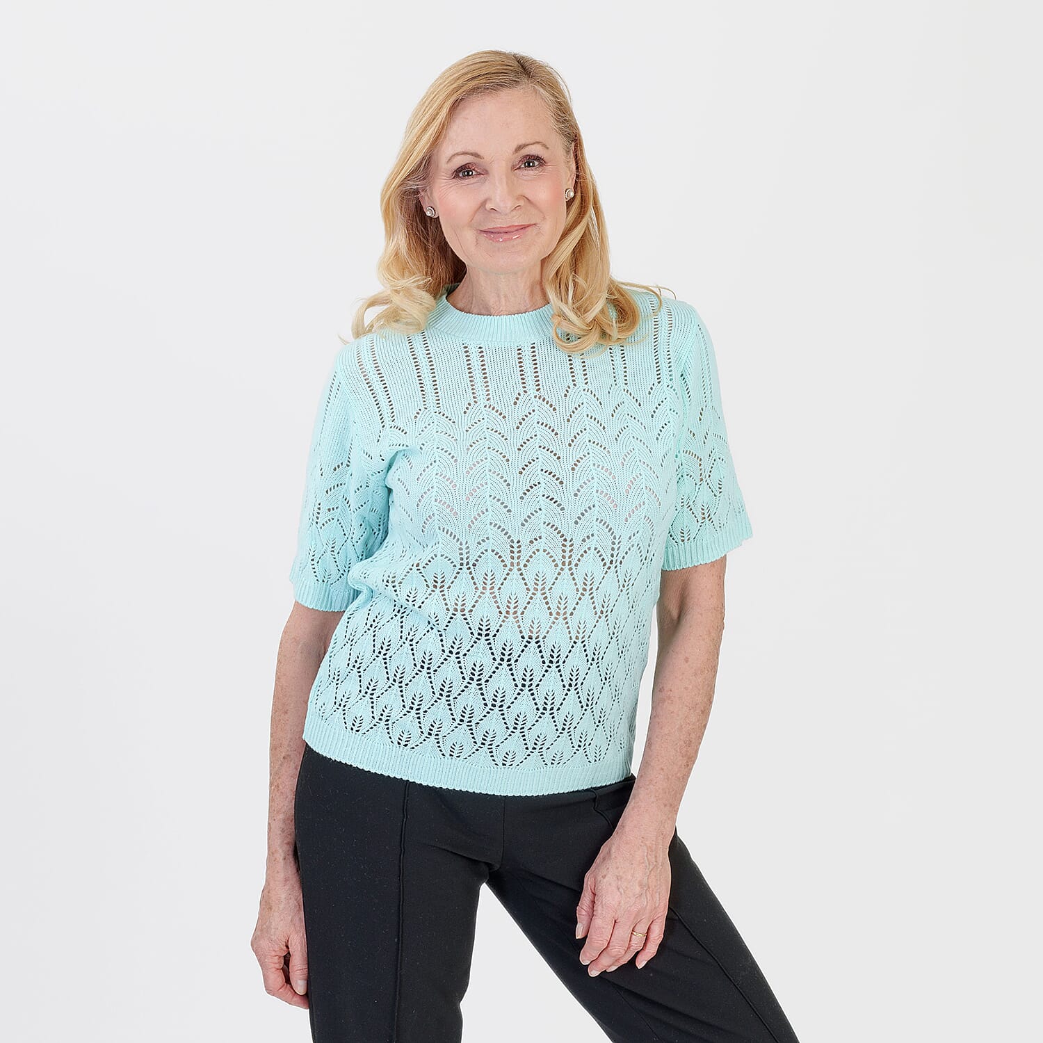 Pure And Natural Made In Uk Eyelet Knit Crew Neck Jumper (Size S-M, 8 to 14) - Fresh Aqua