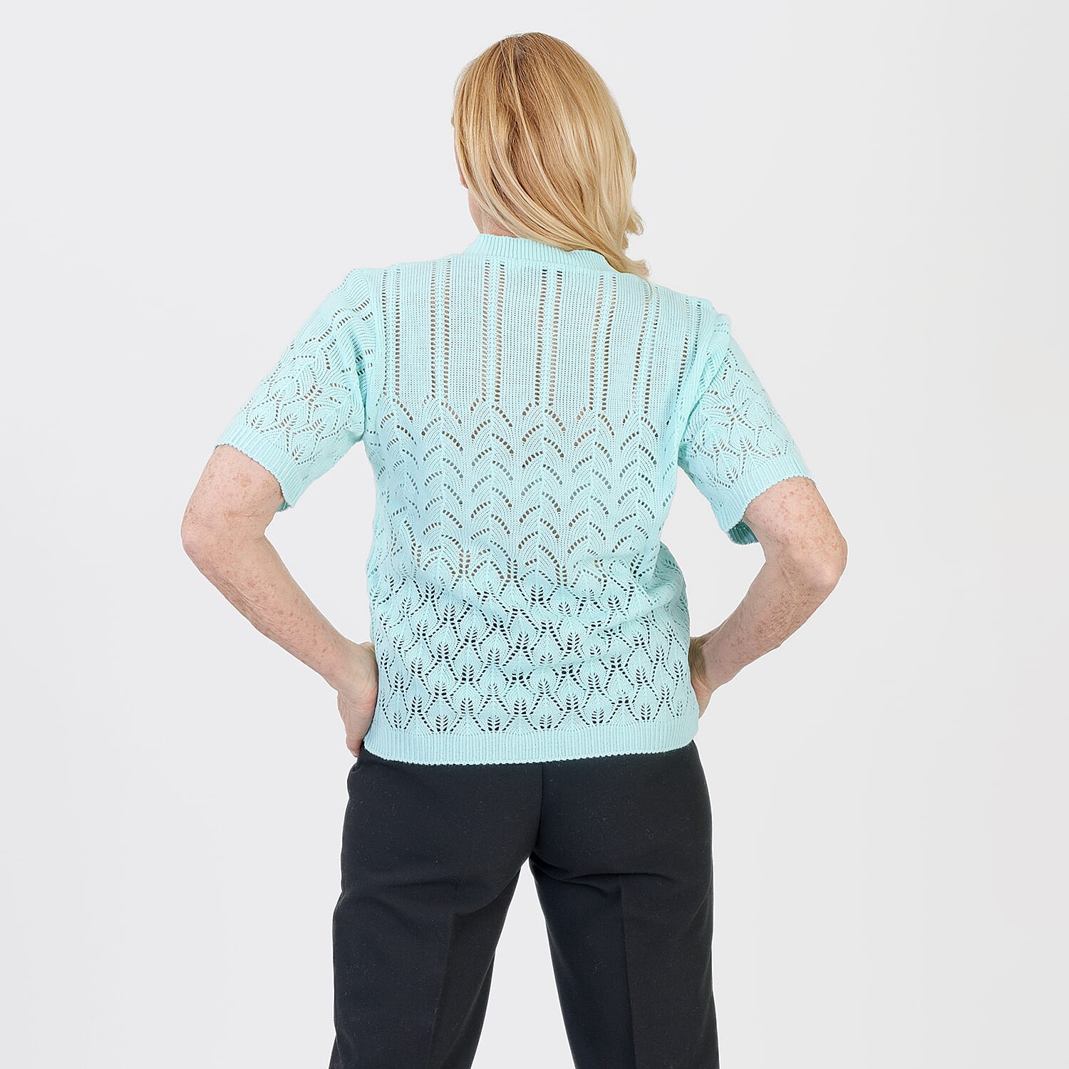 Pure And Natural Made In Uk Eyelet Knit Crew Neck Jumper (Size S-M, 8 to 14) - Fresh Aqua