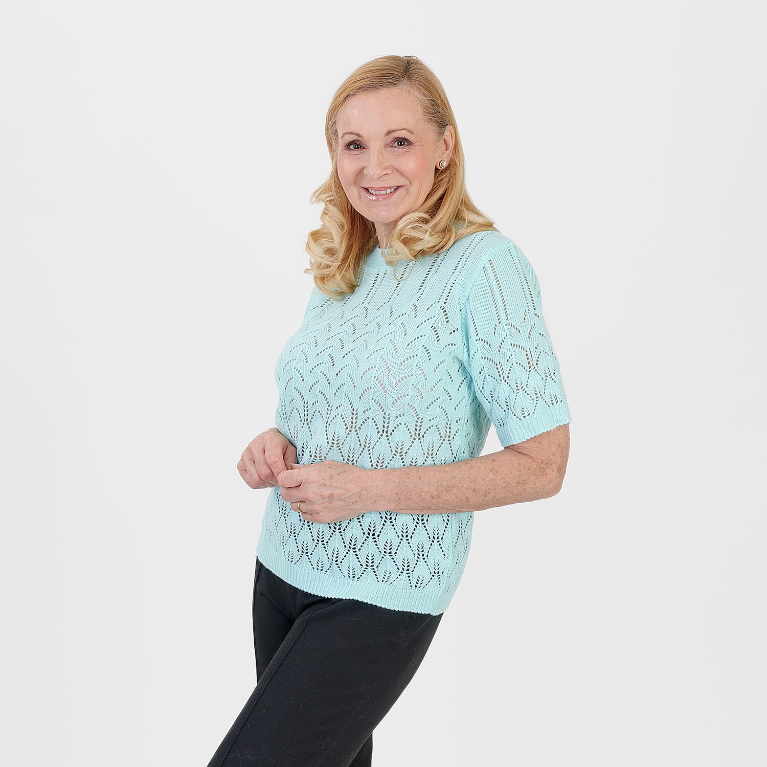 Pure And Natural Made In Uk Eyelet Knit Crew Neck Jumper (Size L-XL, 16 to 22) - Fresh Aqua