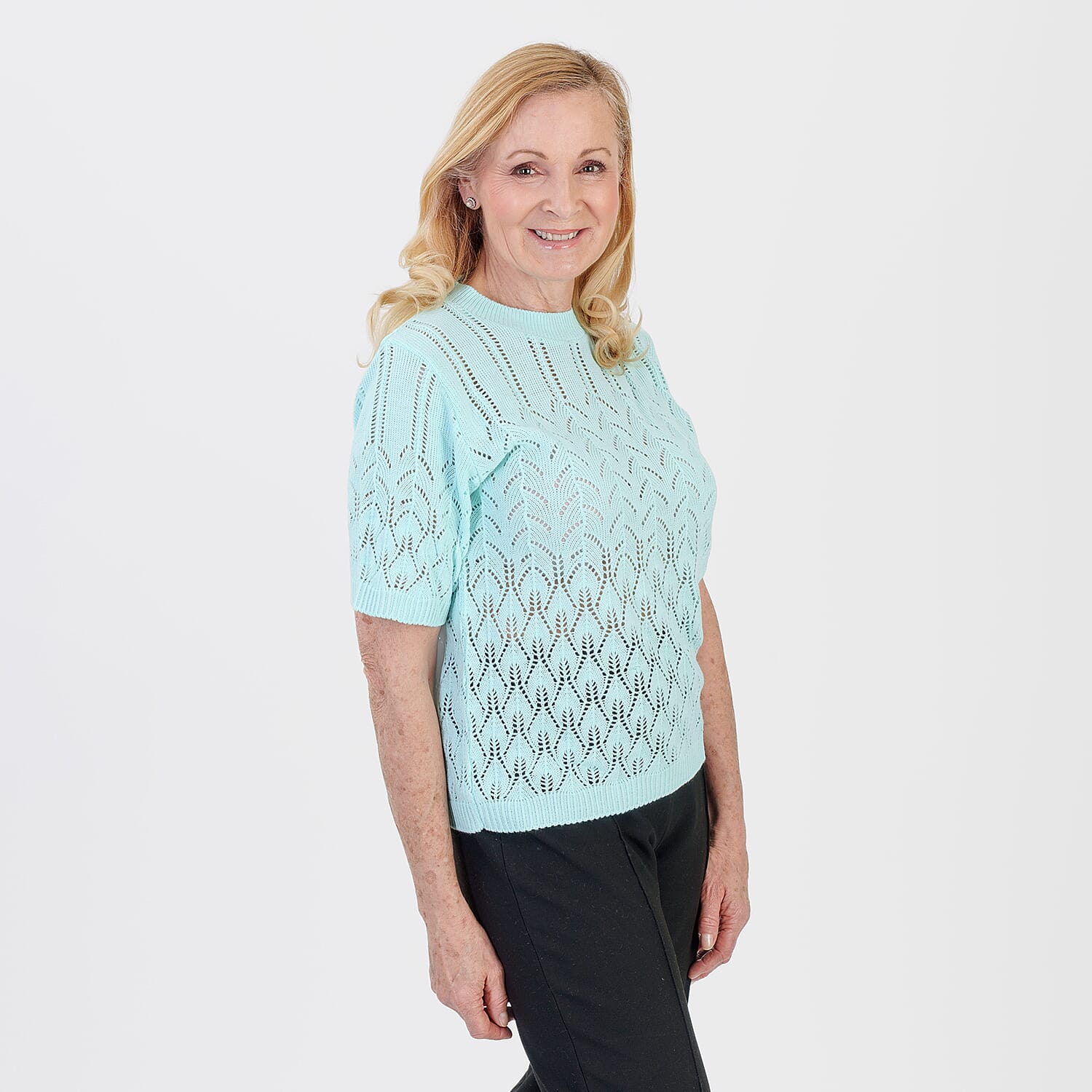 Pure And Natural Made In Uk Eyelet Knit Crew Neck Jumper (Size L-XL, 16 to 22) - Fresh Aqua