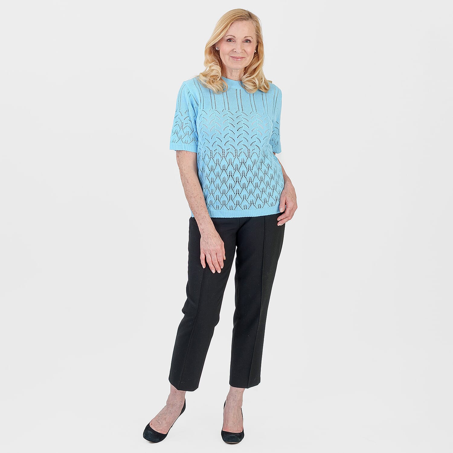 Pure And Natural Made In Uk Eyelet Knit Crew Neck Jumper (Size S-M, 8 to 14) - Sky Blue