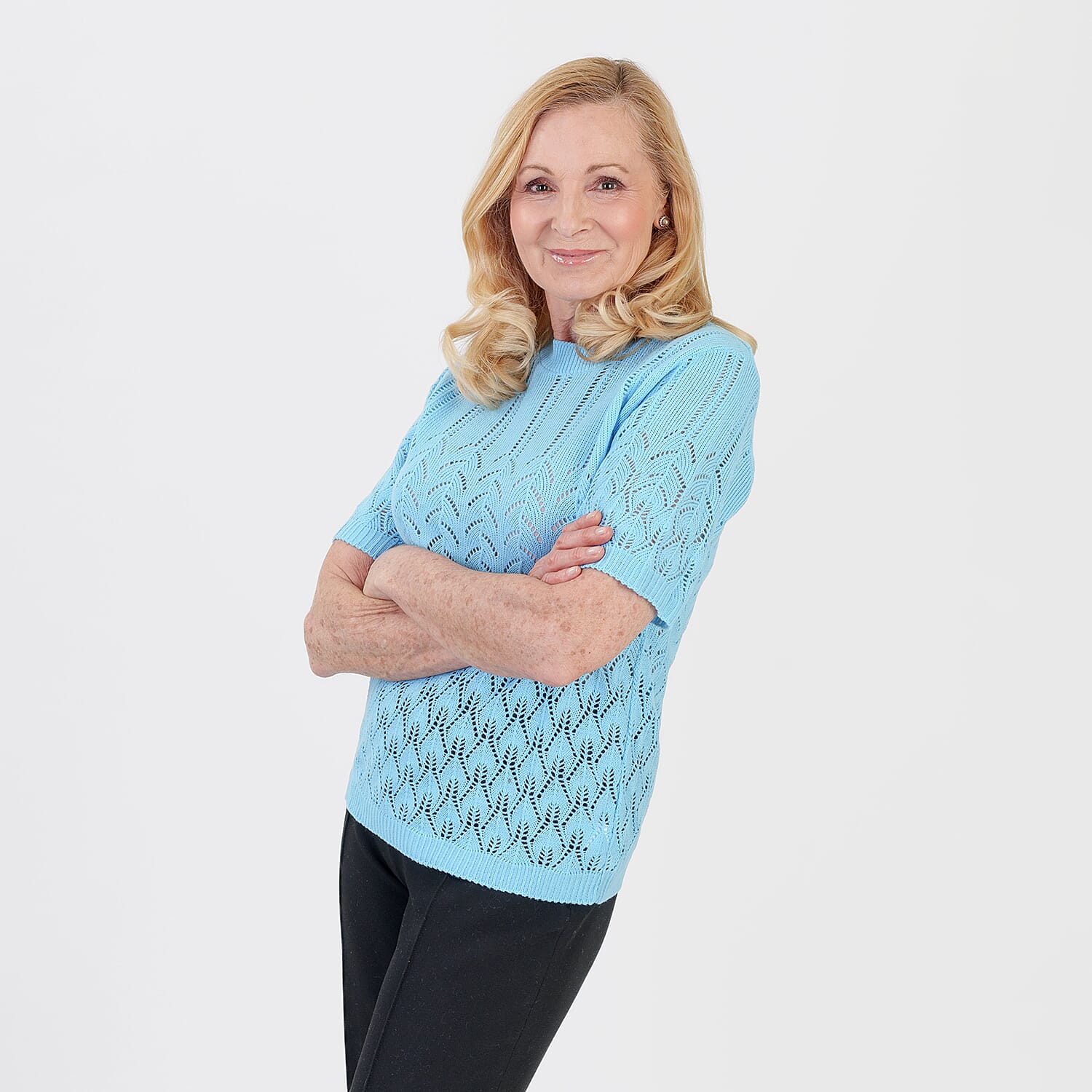 Pure And Natural Made In Uk Eyelet Knit Crew Neck Jumper (Size S-M, 8 to 14) - Sky Blue