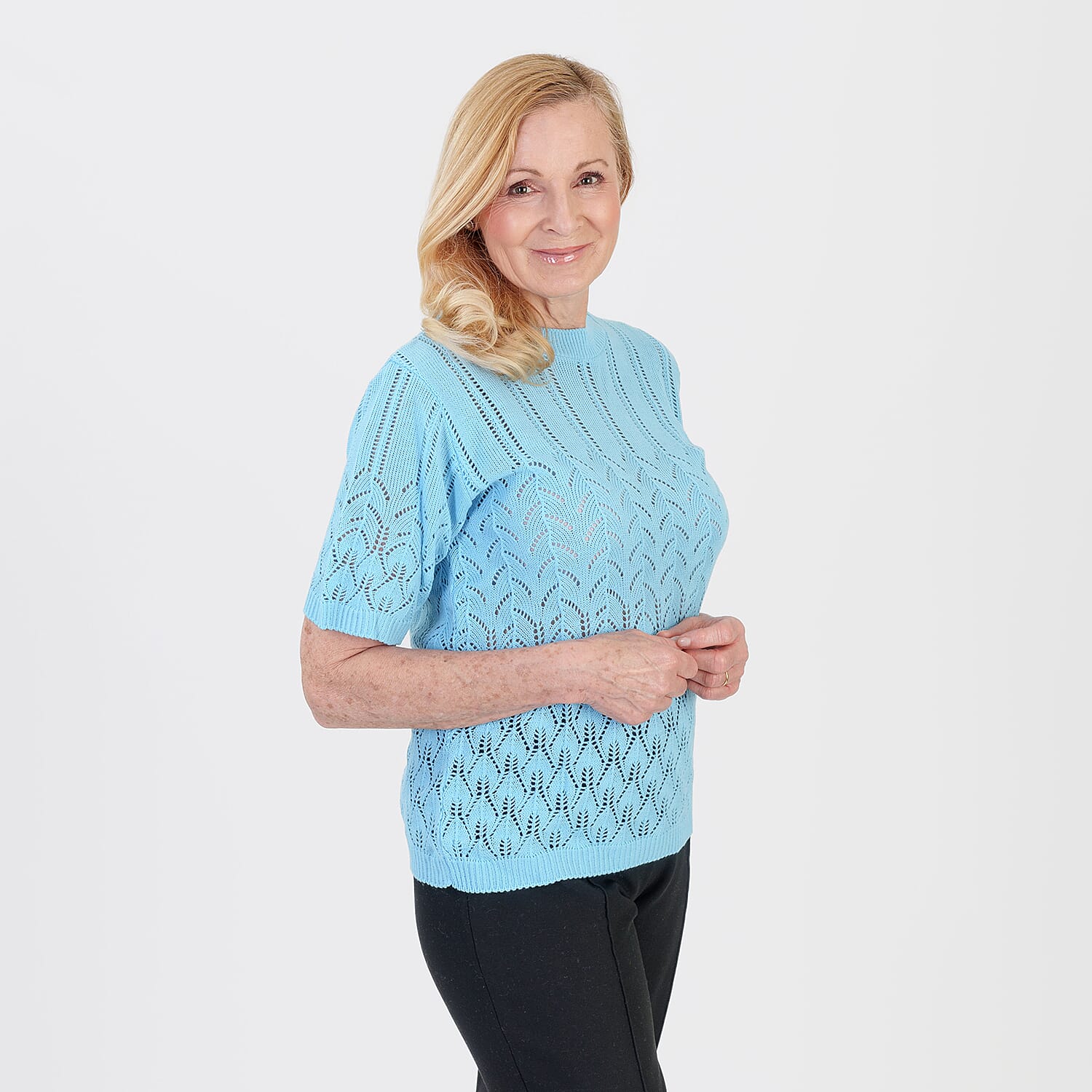 Pure And Natural Made In Uk Eyelet Knit Crew Neck Jumper (Size S-M, 8 to 14) - Sky Blue