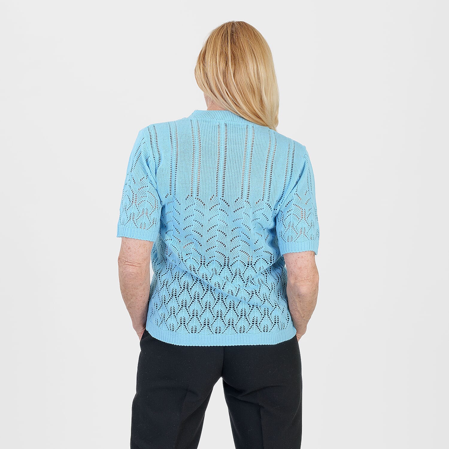 Pure And Natural Made In Uk Eyelet Knit Crew Neck Jumper (Size S-M, 8 to 14) - Sky Blue