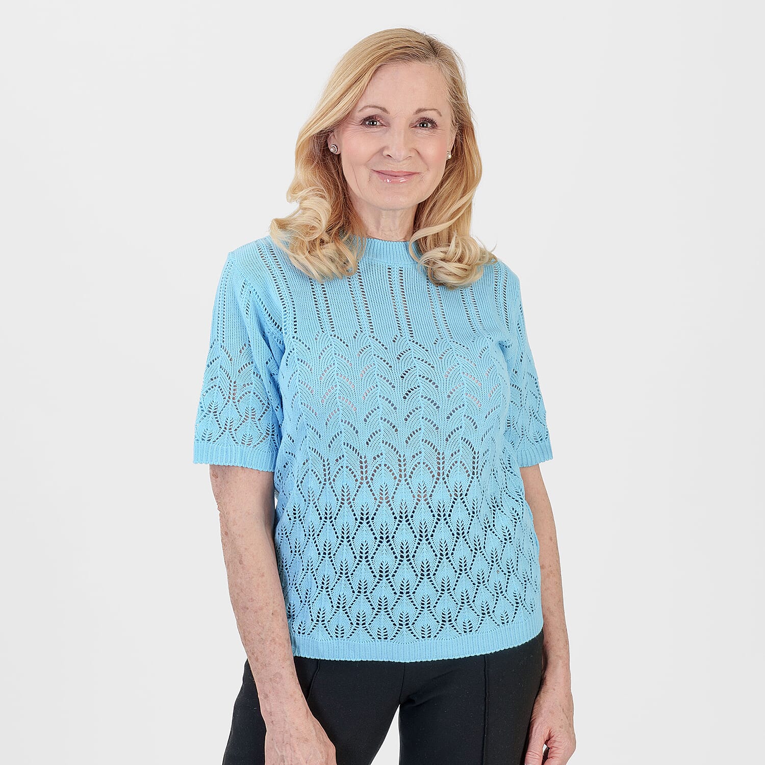 Pure And Natural Made In Uk Eyelet Knit Crew Neck Jumper (Size L-XL, 16 to 22) - Sky Blue