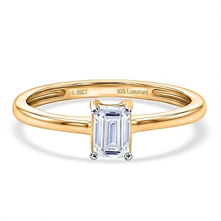 LUXURIANT 0.5 Ct. Lab Grown Diamond Emerald Cut 5MM Solitaire Ring in 18K Vermeil Yellow Gold Over Sterling Silver LUXURIANT 0.5 Ct. Lab Grown Diamond Emerald Cut 5MM Solitaire Ring in 18K Vermeil Yellow Gold Over Sterling Silver