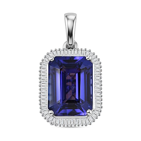 Rhapsody - 950 Platinum AAAA Tanzanite & VS-E-F White Diamond Taper Baguette Halo Pendant 10.54 Ct, Platinum Wt. 4.73 Gms