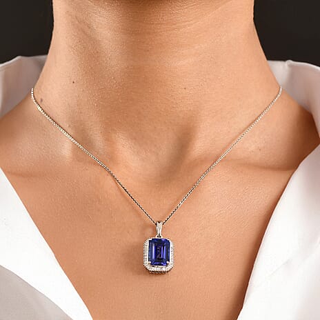 Rhapsody - 950 Platinum AAAA Tanzanite & VS-E-F White Diamond Taper Baguette Halo Pendant 10.54 Ct, Platinum Wt. 4.73 Gms