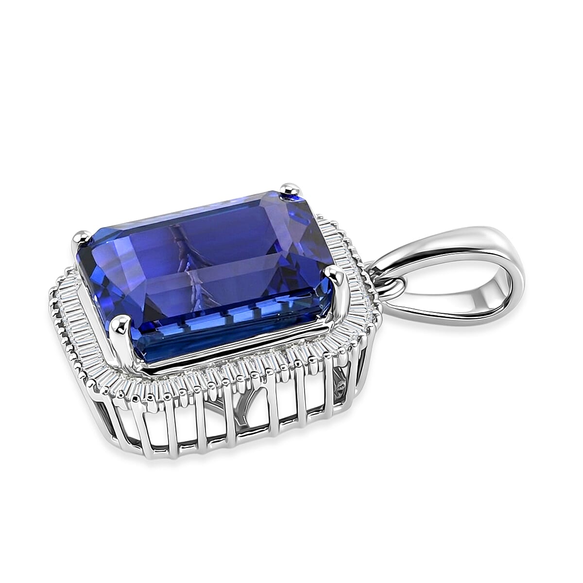 Rhapsody - 950 Platinum AAAA Tanzanite & VS-E-F White Diamond Taper Baguette Halo Pendant 10.54 Ct, Platinum Wt. 4.73 Gms