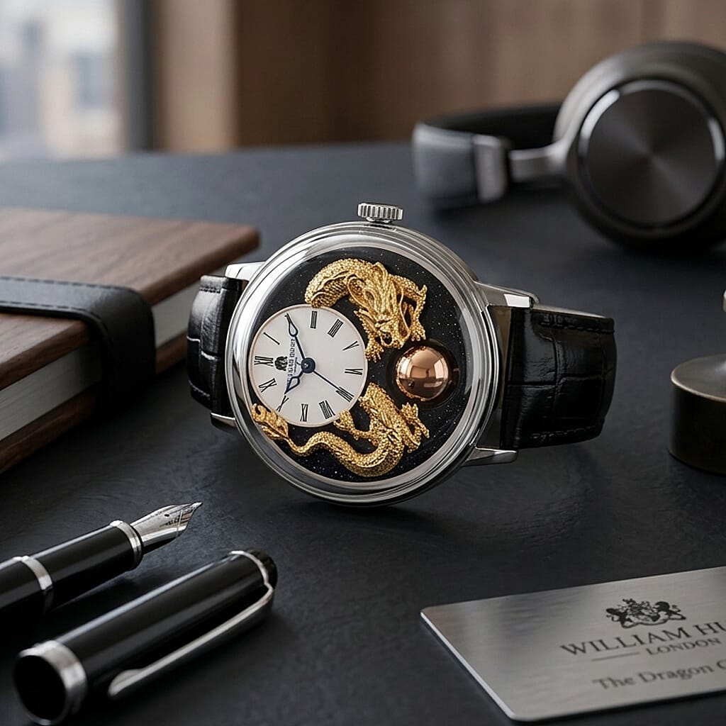 William Hunt Dragon Skeleton MIYOTA 6T15 Automatic Mechanical Japan Movement 5ATM WR MOP Dragon Emboss Dial & IPS Plating 316 Stainless Steel Case Mens Watch with Black Leather Strap