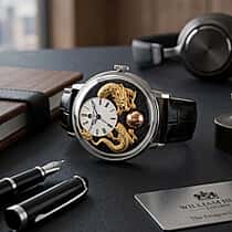 Exclusive William Hunt Automatic Watch With Lapis Lazuli Rotating Day & Night Sphere, Blue Sandstone and MOP Dial & 24K Gold Plated Dragons 5ATM WR with Black Leather Strap