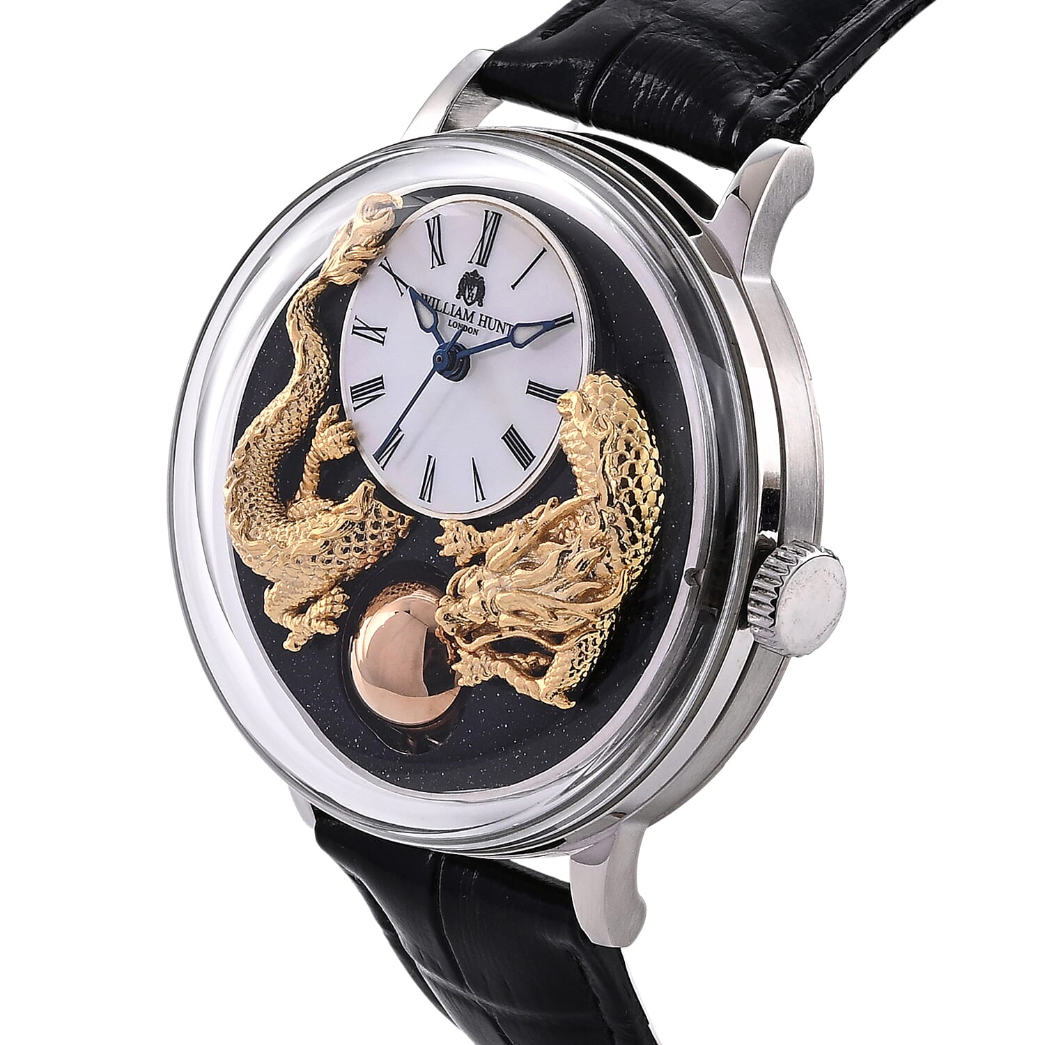 William Hunt Dragon Skeleton MIYOTA 6T15 Automatic Mechanical Japan Movement 5ATM WR MOP Dragon Emboss Dial & IPS Plating 316 Stainless Steel Case Mens Watch with Black Leather Strap