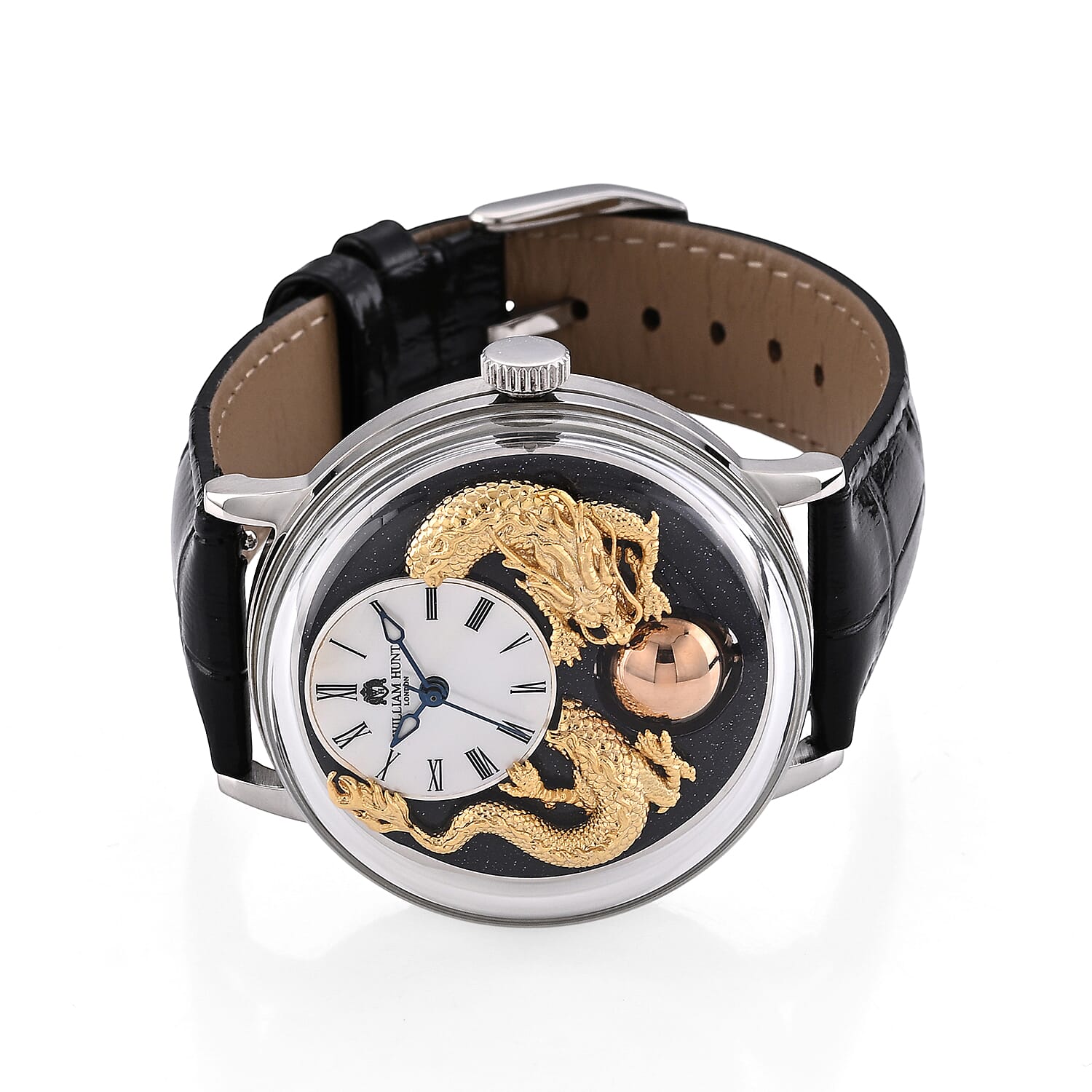 William Hunt Dragon Skeleton MIYOTA 6T15 Automatic Mechanical Japan Movement 5ATM WR MOP Dragon Emboss Dial & IPS Plating 316 Stainless Steel Case Mens Watch with Black Leather Strap