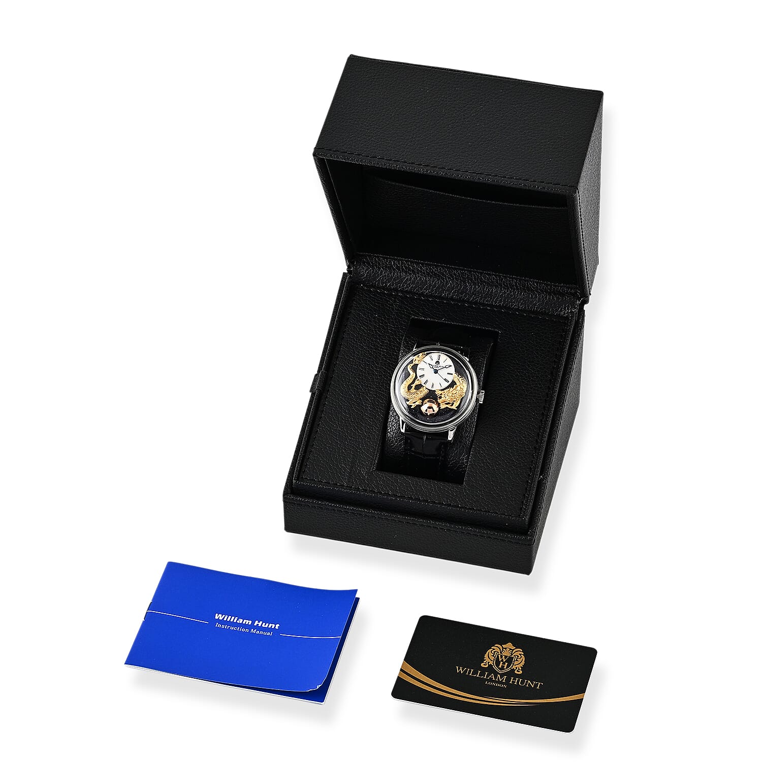 William Hunt Dragon Skeleton MIYOTA 6T15 Automatic Mechanical Japan Movement 5ATM WR MOP Dragon Emboss Dial & IPS Plating 316 Stainless Steel Case Mens Watch with Black Leather Strap