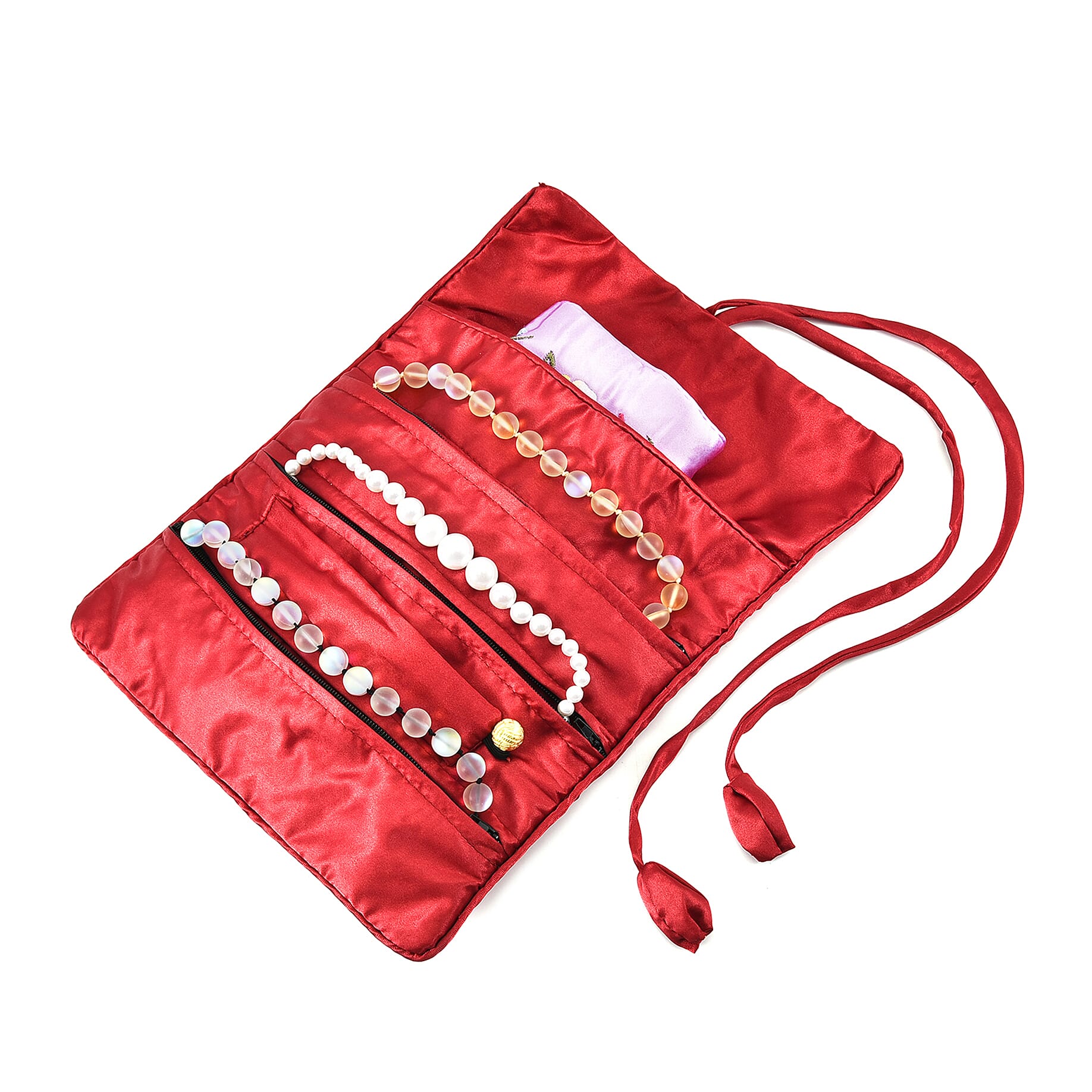 Embroidered Travel Jewellery Roll Organiser - Wine Red