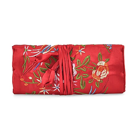 Embroidered Travel Jewellery Roll Organiser - Wine Red