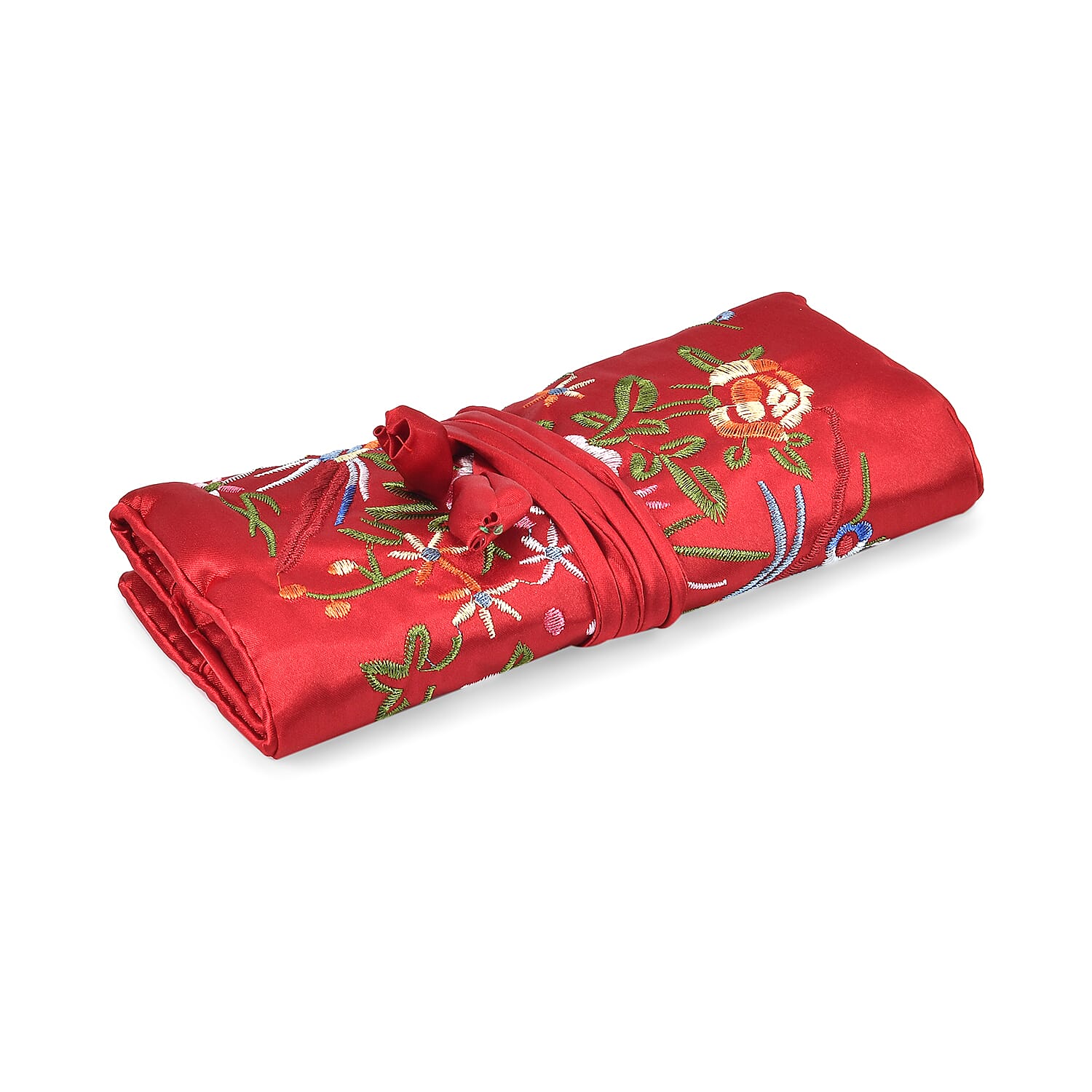 Embroidered Travel Jewellery Roll Organiser - Wine Red