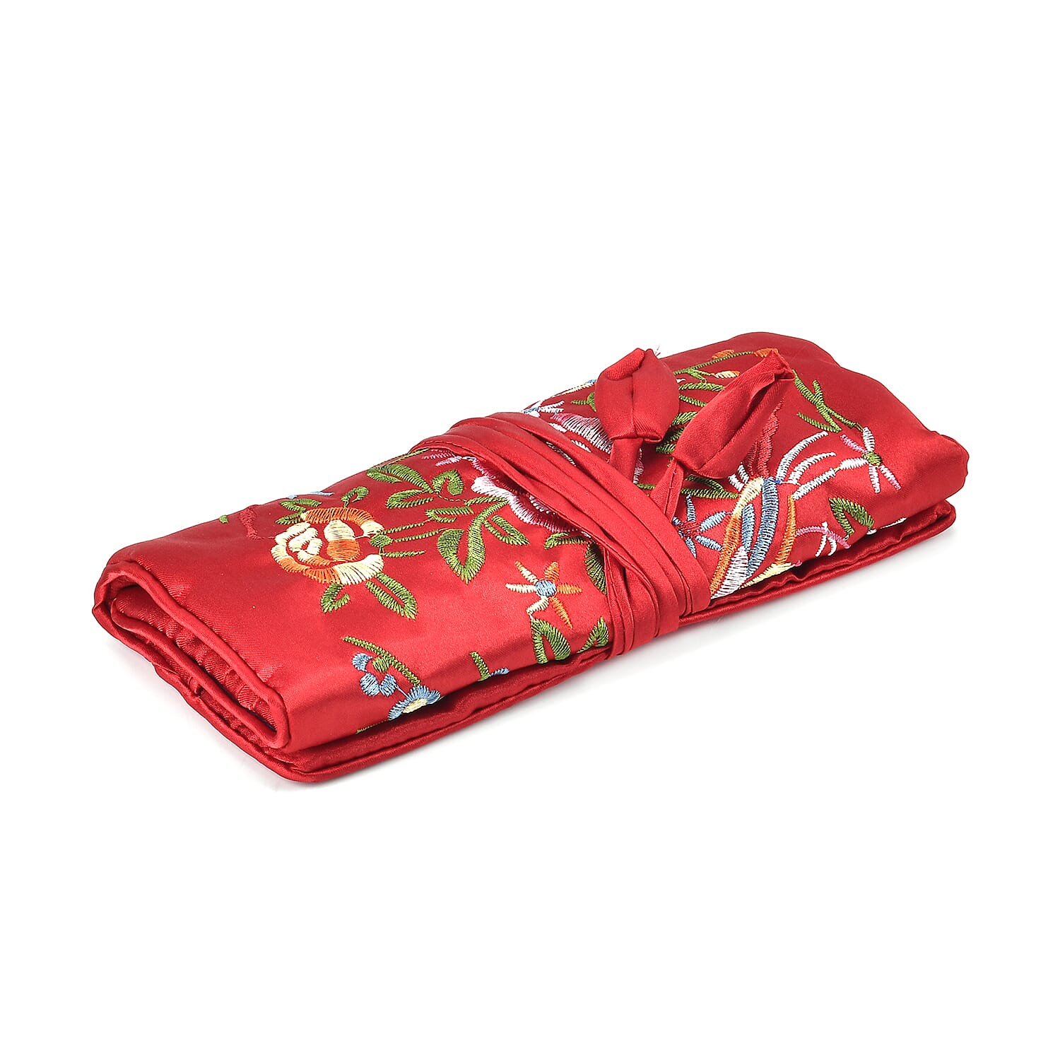 Embroidered Travel Jewellery Roll Organiser - Wine Red