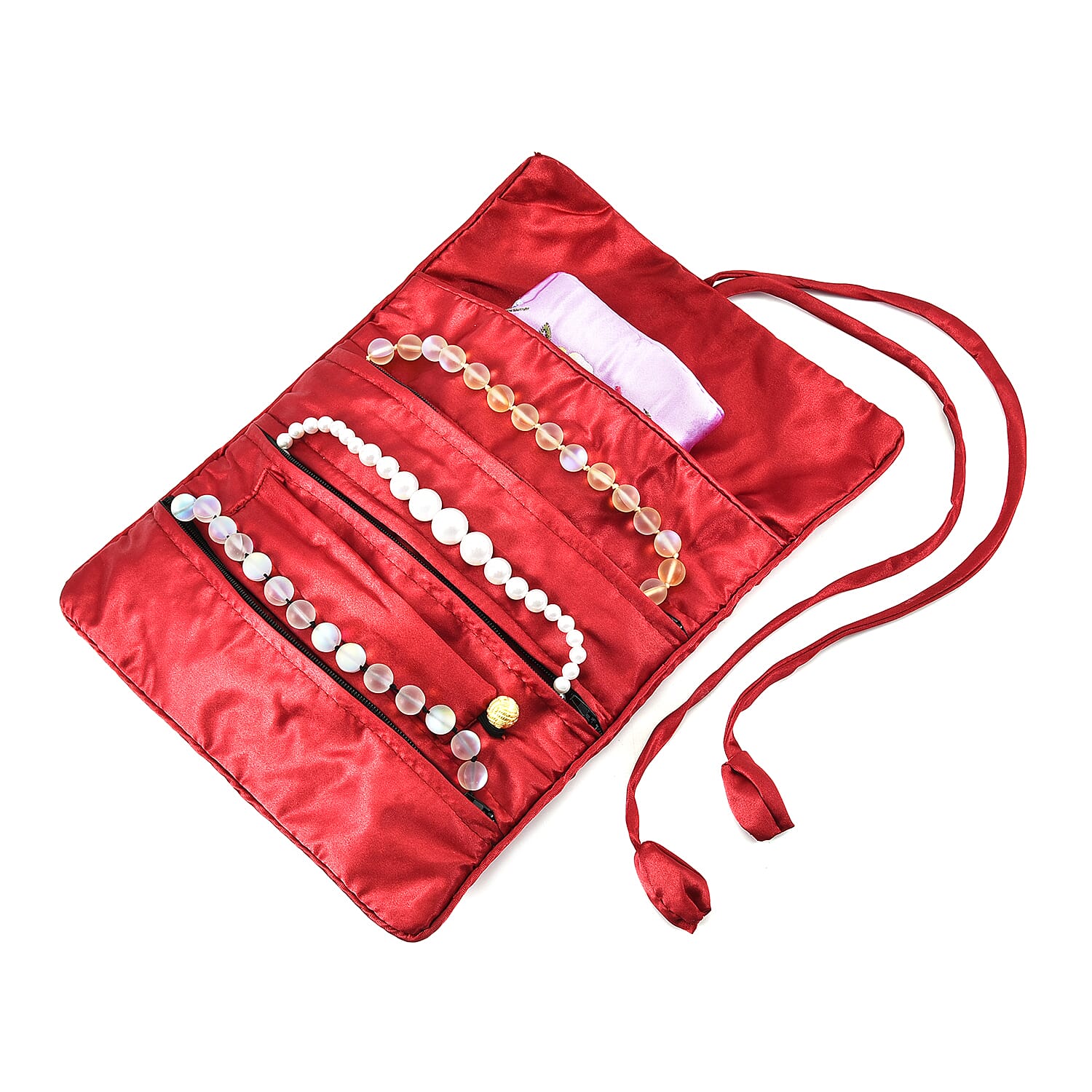 Embroidered Travel Jewellery Roll Organiser - Wine Red