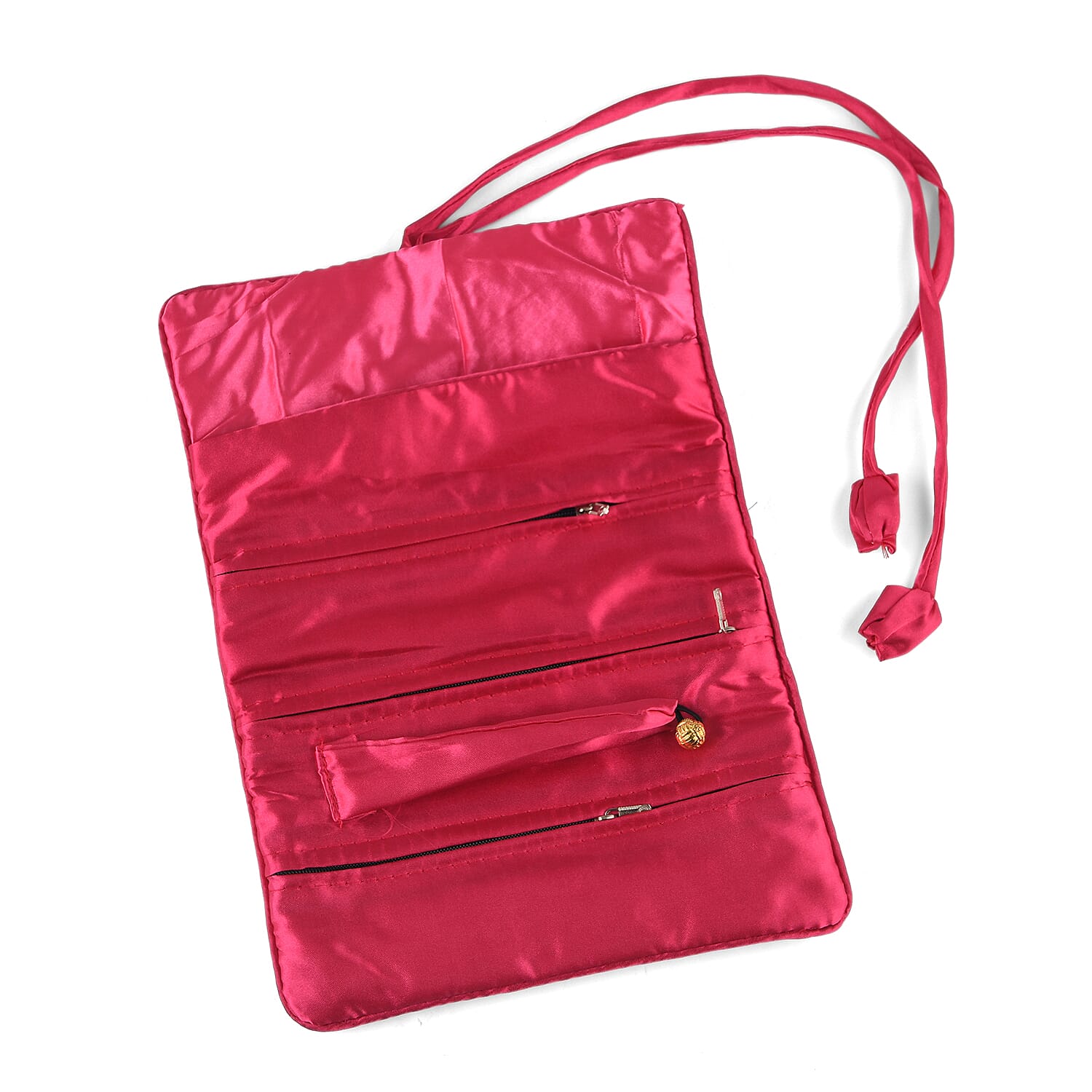 Embroidered Travel Jewellery Roll Organiser - Raspberry