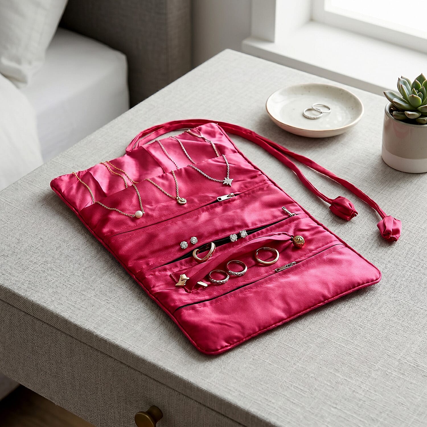 Embroidered Travel Jewellery Roll Organiser - Raspberry