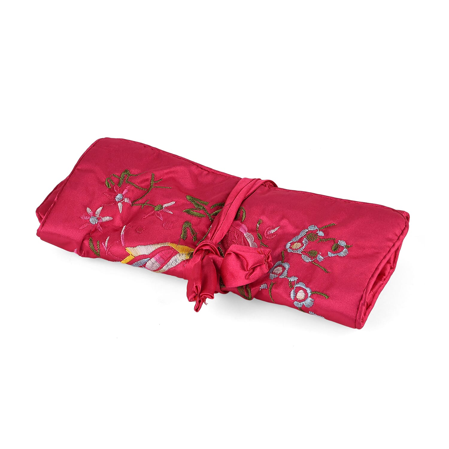 Embroidered Travel Jewellery Roll Organiser - Raspberry