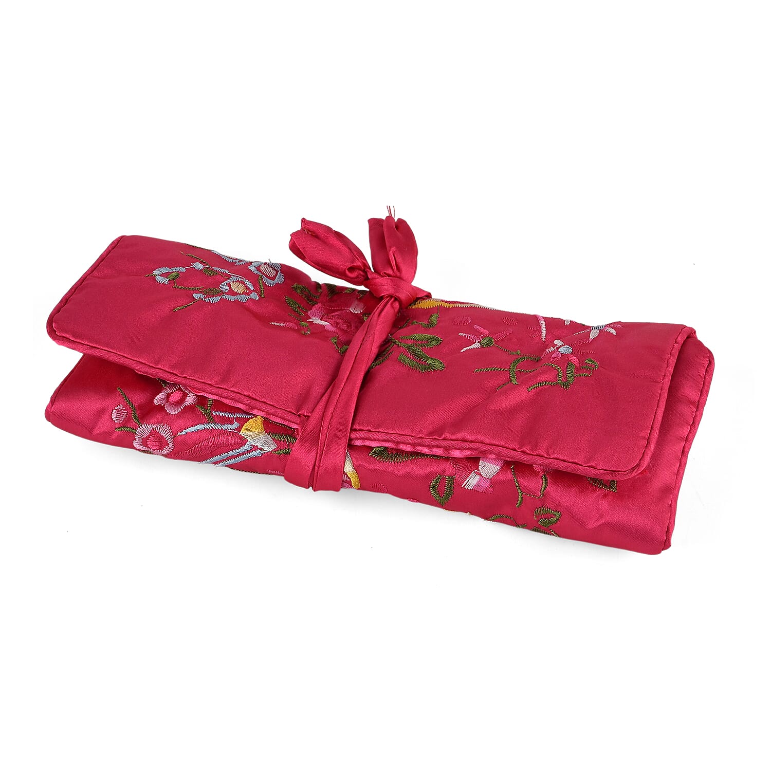 Embroidered Travel Jewellery Roll Organiser - Raspberry