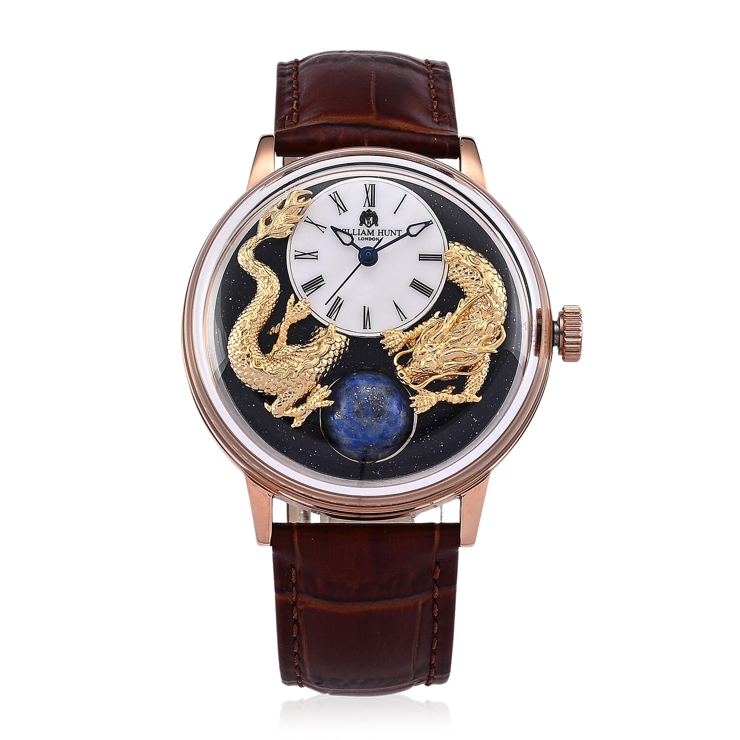 William Hunt Dragon Skeleton MIYOTA 6T15 Automatic Mechanical Japan Movement 5ATM WR MOP Dragon Emboss Dial & IPR Plating 316 Stainless Steel Case Mens Watch with Brown Leather Strap