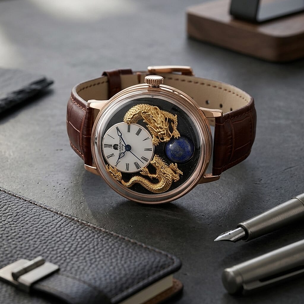William Hunt Dragon Skeleton MIYOTA 6T15 Automatic Mechanical Japan Movement 5ATM WR MOP Dragon Emboss Dial & IPR Plating 316 Stainless Steel Case Mens Watch with Brown Leather Strap