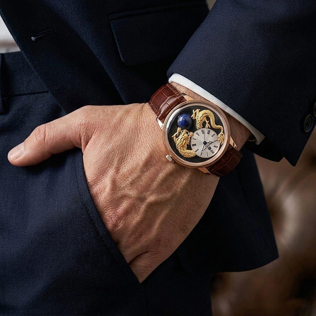William Hunt Dragon Skeleton MIYOTA 6T15 Automatic Mechanical Japan Movement 5ATM WR MOP Dragon Emboss Dial & IPR Plating 316 Stainless Steel Case Mens Watch with Brown Leather Strap
