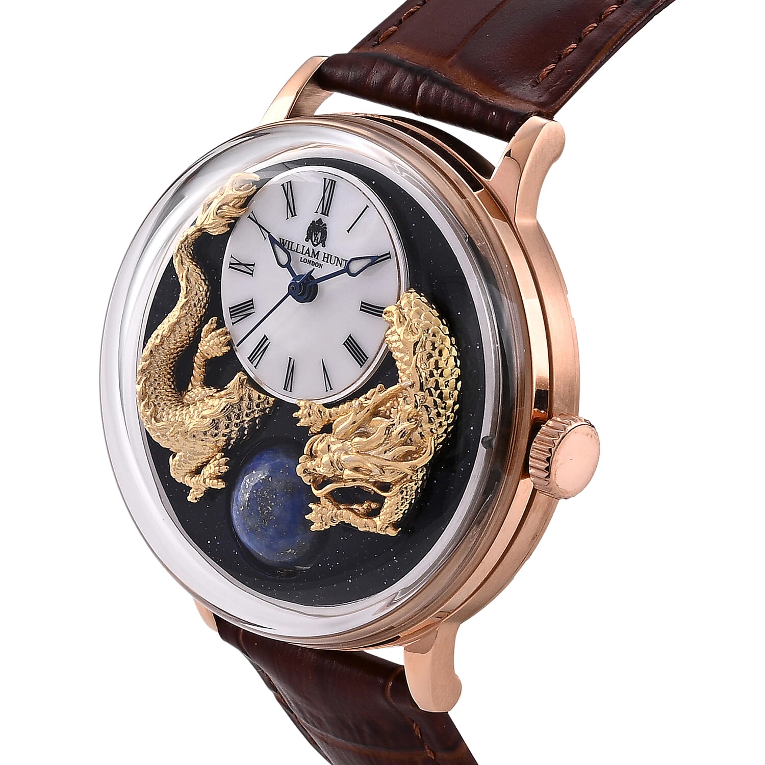 William Hunt Dragon Skeleton MIYOTA 6T15 Automatic Mechanical Japan Movement 5ATM WR MOP Dragon Emboss Dial & IPR Plating 316 Stainless Steel Case Mens Watch with Brown Leather Strap